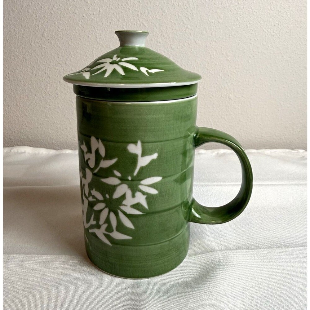 World Market Green White Floral Tea Mug Infuser With Lid Porcelain Loose Leaf